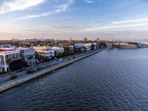 Battery Park aerial view at sunset. Charleston South Carolina, USA.