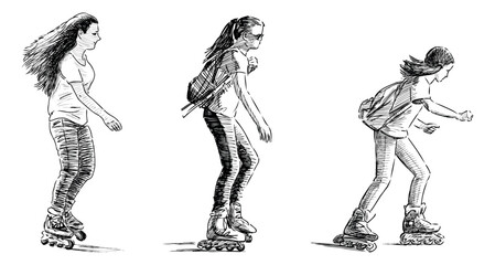 Roller skates,teenagers,school girls,skating,backpack,profile,summer,sport,activity, real people,hand drawn,illustration,black and white,three persons,motion,vector,sketch, outline,isolated on white - 781532337