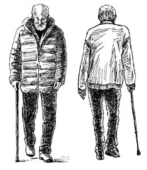 Senior man, old people;walking cane; gray hair; beard,aged;elderly;one person;hand drawn; isolated on white; black and white;illustration; outdoor,vector, sketch, drawing,weak,realistic - 781532361