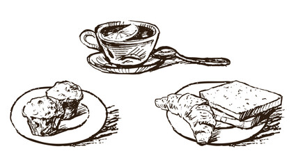 Tea; lemon; croissant; muffins;teacup,bread,breakfast,dishes, pastry,fresh,sketch,hand drawn,illustration,contour drawing, teaspoon,outline,cafe,vector,sliced bread,hot,drink