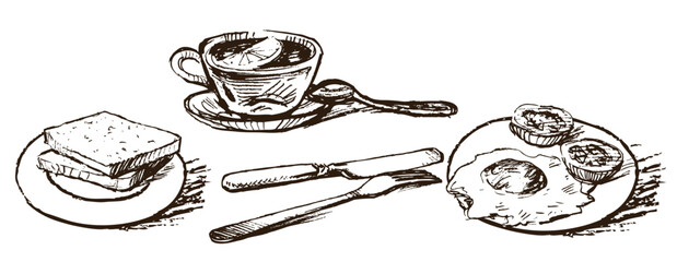 Tea,lemon,knife,crokery, fork, fried eggs, tomatoes,teacup,bread,breakfast,dishes, pastry,fresh,sketch,hand drawn,illustration,contour drawing, teaspoon,outline,cafe,vector,sliced bread,hot,drink