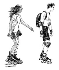 Roller skates,couple,girl,guy,pair,teenagers,young people,skating,backpack,profile,summer,sport,activity,real people,hand drawn,illustration,black and white,two persons,motion,vector,sketch