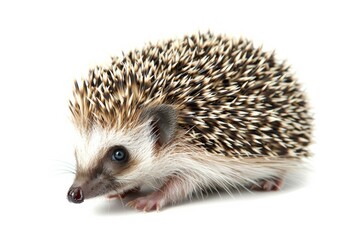 Obraz premium A detailed close-up photograph of a small hedgehog facing left, isolated on a white background, perfect for animal-themed projects