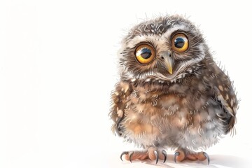 A heartwarming painting of a fluffy brown owl chick with oversized eyes emits an endearing innocence and vulnerability