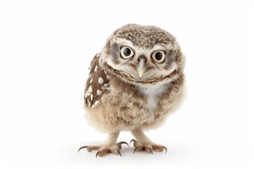 Humorous and striking image of a young owl, with a funny and somewhat surprised facial expression