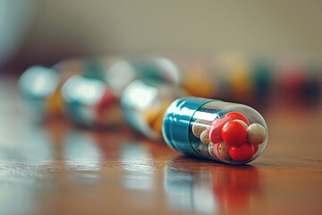 Close-Up of Colorful Capsules Spilled from a Pill Bottle, Healthcare and Medicine