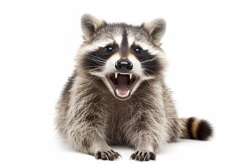 Inquisitive raccoon sitting with attentive eyes, looking away from the camera against a white backdrop, depicting wildlife curiosity