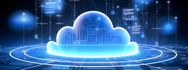 cloud computing technology concept transfer database to cloud. There is a prominent large cloud icon in the center and a small white icon on the connected polygons with a dark blue background.