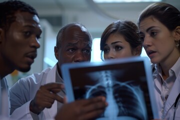 Obraz premium A group of diverse healthcare professionals intensely reviews a chest X-ray, underscoring the importance of medical teamwork
