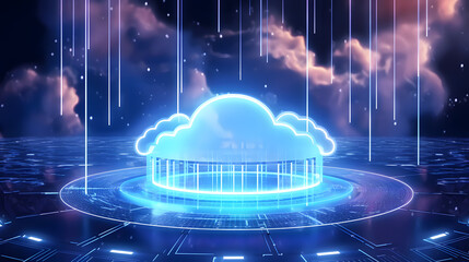 cloud computing technology concept transfer database to cloud. There is a prominent large cloud icon in the center and a small white icon on the connected polygons with a dark blue background.