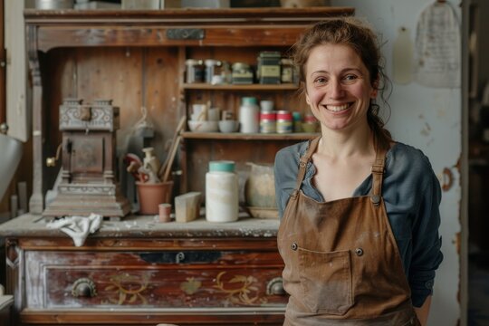 With a warm smile, a woman stands in a crafting workshop surrounded by tools and antiques, embodying the joy of creation