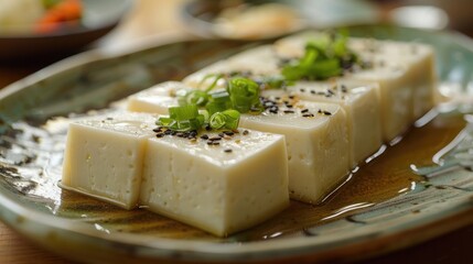 Obraz premium Freshly Made Tofu in Kyotos Traditional Cuisine A Pure and Simple Delight
