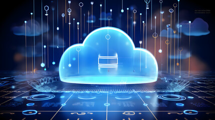 cloud computing technology concept transfer database to cloud. There is a prominent large cloud icon in the center and a small white icon on the connected polygons with a dark blue background.