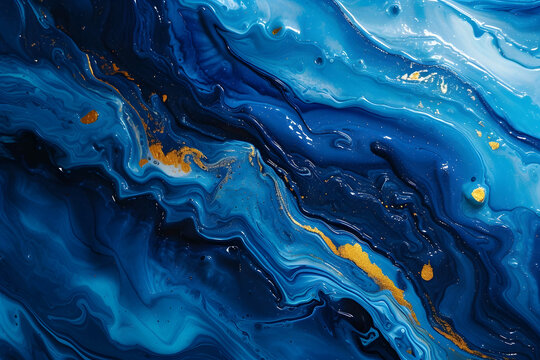 Ocean blue alcohol ink background with gold design path, golden shiny glitter, hand drawn art wallpaper, fluid illustration, classic blue liquid texture