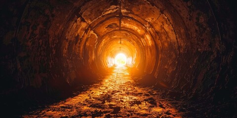 A tunnel with a light shining through it. The tunnel is dark and the light is the only source of illumination