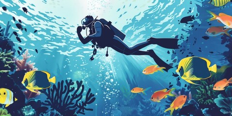 Fototapeta na wymiar A man in a scuba suit is swimming in the ocean with a school of fish swimming around him