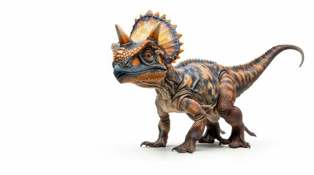 Detailed image of a baby Triceratops model with a textured body, presenting an animated stance as if exploring its surroundings