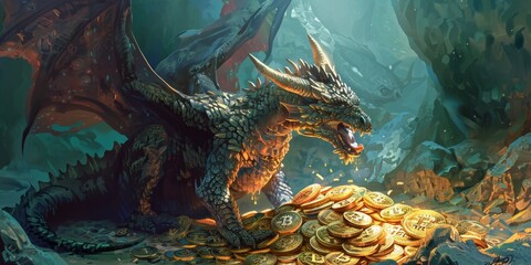 A dragon is standing over a pile of gold coins. The dragon is large and menacing, with its wings spread wide. The gold coins are scattered around the dragon, with some of them being larger