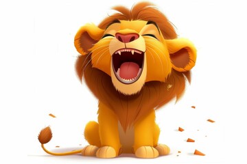 A vibrant illustration of an animated young lion cub roaring with laughter, set against a plain background, exuding happiness