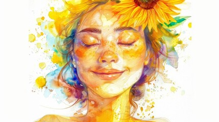 Vivid watercolor painting of a woman with a serene smile surrounded by a burst of colors