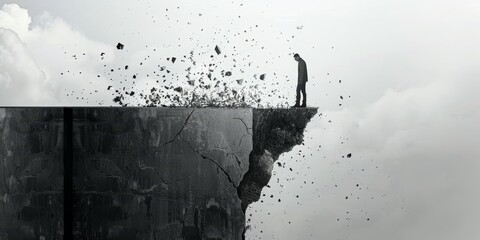 A man stands on a ledge with a pile of rubble below him. Concept of danger and uncertainty, as the man is at risk of falling into the abyss. The rubble below him adds to the feeling of chaos
