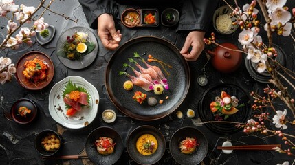 Kanazawas Kaiseki Cuisine A Refined Elegance Showcasing Seasonal Dishes in Exquisite Lacquerware - obrazy, fototapety, plakaty