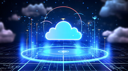 cloud computing technology concept transfer database to cloud. There is a prominent large cloud icon in the center and a small white icon on the connected polygons with a dark blue background.