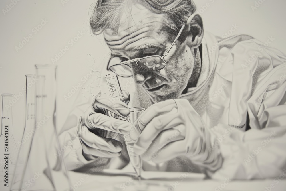 Poster showcasing a detailed and focused scientist conducting an experiment, this ink drawing represents pr