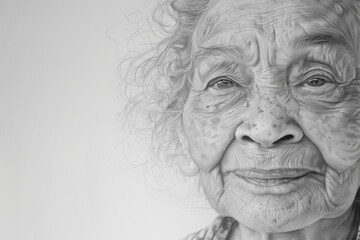 A high-resolution black and white portrait capturing the serene expression of an elderly woman, showcasing the beauty of aging