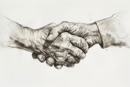 This black and white artwork features a realistic and highly detailed drawing of two hands firmly clasped together, conveying a sense of unity and strength