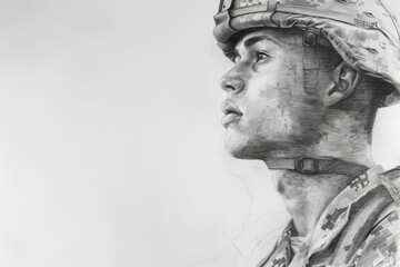 A side profile of a soldier, highlighting the camo uniform and focusing on the themes of military service and duty - obrazy, fototapety, plakaty