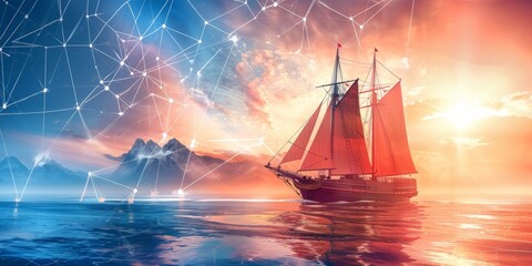 A large red sailboat is sailing on a calm sea with a beautiful sunset in the background. The sky is filled with stars, creating a serene and peaceful atmosphere