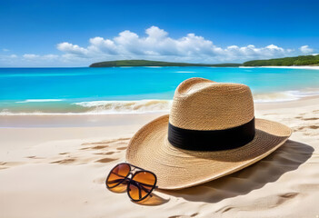 Summer holiday concept. Accessories - bag, straw hat, sunglasses, palm trees, pareo, flip-flops on a sandy beach against the background of the ocean,