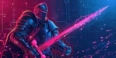 A knight is holding a sword in a video game. The sword is pink and the knight is wearing a suit of armor. The image has a futuristic and colorful feel to it - obrazy, fototapety, plakaty