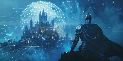 Obraz na płótnie Canvas A man in a black cloak stands in front of a castle. The castle is surrounded by a blue sphere. The castle is illuminated by lights, giving it a mystical and magical appearance