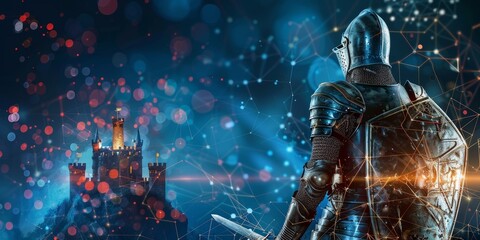 A knight stands in front of a castle, ready to defend it. The castle is surrounded by a blue and purple sky, with a few stars visible in the background. The knight is wearing a suit of armor - obrazy, fototapety, plakaty