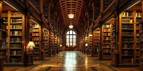 A large library with many bookshelves and a lot of books. Scene is peaceful and quiet - obrazy, fototapety, plakaty