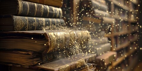 A stack of old books with a glittery effect on them. The books are arranged in a library setting, with some books on top of each other and others on the shelves