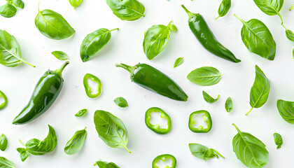 Flying green jalapeno peppers and fresh basil leaves on white background