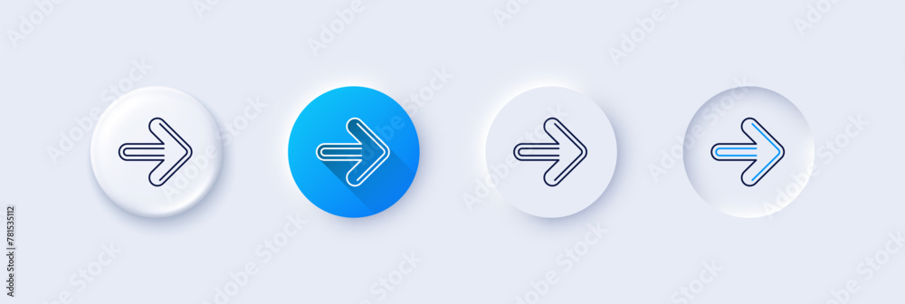 Poster next arrow line icon. neumorphic, blue gradient, 3d pin buttons. forward arrowhead symbol. navigatio