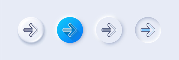 Next arrow line icon. Neumorphic, Blue gradient, 3d pin buttons. Forward Arrowhead symbol. Navigation pointer sign. Line icons. Neumorphic buttons with outline signs. Vector