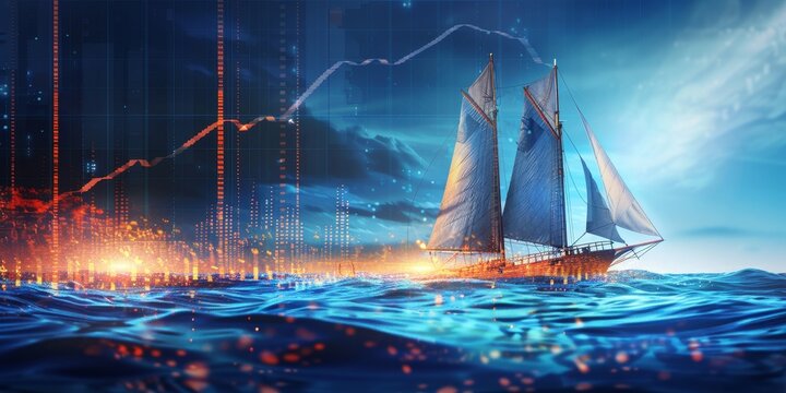 A blue sailboat is floating on a body of water with a dark sky in the background. The image has a futuristic and abstract feel to it, with the boat appearing to be a part of a larger