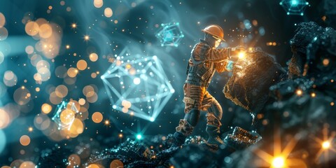 A man in a space suit is digging into a pile of rocks. The scene is illuminated by a bright light, creating a sense of excitement and adventure