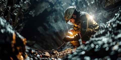 A man in a yellow jacket is looking at something in a dark cave. He is wearing a helmet and gloves