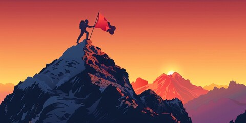 A man is standing on a mountain top, holding a flag and a flagpole. The flag is red and white. Concept of accomplishment and triumph, as the man has reached the summit of the mountain