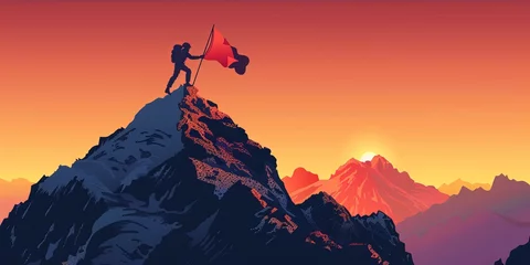 Foto op Canvas A man is standing on a mountain top, holding a flag and a flagpole. The flag is red and white. Concept of accomplishment and triumph, as the man has reached the summit of the mountain © kiimoshi
