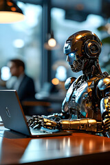 Robot working on laptop