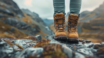 Durable and Rugged Hiking Boots Traversing a Rocky Mountain Trail in an Adventurous Outdoor Journey - obrazy, fototapety, plakaty