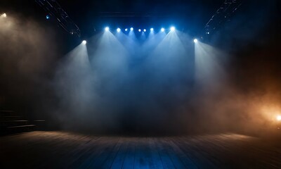 Empty stadium stage at night. Dramatic scene lights with dark background. Smoke fills the air, catching beams of light. Powerful spotlight, symmetry view on stage