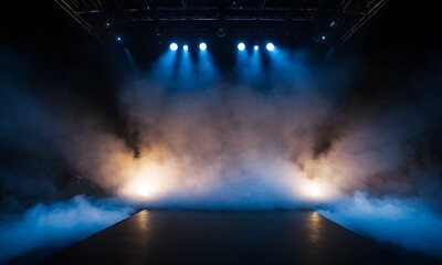 Dramatic blank stage bathed in spotlights. Smoke billows, illuminated from within. Light defines the space, a sense of mystery show - obrazy, fototapety, plakaty